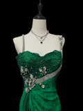 Vintage Mermaid Dark Green With Silver Beading Satin Sleeveless Long Prom Dresses High School Senior Graduation Dance Evening Outfits HZ0311