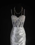 Vintage Mermaid Spaghetti Strap Silver Gray Silk Satin 2000s Prom Dress Inspo With Slit Lace Formal Party Gowns Formal Dresses HZ0311
