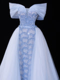Modest Prom Dress Aesthetic Mermaid Off The Shoulder Blue Tulle Style Impress With Sleeves Long Party Formal Gown HZ0311
