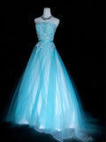 Classy Ball Gown Strapless Blue Tulle Sleeveless For Women Long Prom Dresses Senior High School Birthday Outfits HZ0311