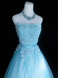 Classy Ball Gown Strapless Blue Tulle Sleeveless For Women Long Prom Dresses Senior High School Birthday Outfits HZ0311
