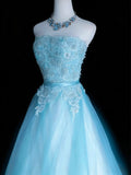 Classy Ball Gown Strapless Blue Tulle Sleeveless For Women Long Prom Dresses Senior High School Birthday Outfits HZ0311