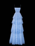 Simple Formal A Line Spaghetti Strap Blue Tulle Style Impress Long Prom Dresses Party Gowns HZ0311