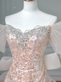Sparkly Mermaid Sweetheart Sequins Blush Pink With Sleeves Long Formal Prom Dresses Night Outfits Party Gowns HZ0311