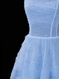 Simple Formal A Line Spaghetti Strap Blue Tulle Style Impress Long Prom Dresses Party Gowns HZ0311