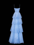 Simple Formal A Line Spaghetti Strap Blue Tulle Style Impress Long Prom Dresses Party Gowns HZ0311
