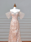 Sparkly Mermaid Sweetheart Sequins Blush Pink With Sleeves Long Formal Prom Dresses Night Outfits Party Gowns HZ0311