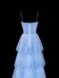 Simple Formal A Line Spaghetti Strap Blue Tulle Style Impress Long Prom Dresses Party Gowns HZ0311