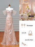 Sparkly Mermaid Sweetheart Sequins Blush Pink With Sleeves Long Formal Prom Dresses Night Outfits Party Gowns HZ0311
