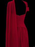 Classy A Line 1950s Formal One Shoulder Red Chiffon Pleated Style Impress Long Prom Dresses Party Gowns HZ0311