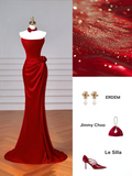 Cheap Mermaid Red Strapless With Pleated Sleeveless Long Formal Fancy Prom Evening Dress Dinner Outfits Party Gowns For Teens HZ0311