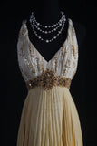 Women's Cocktail Party Gowns 80s A line V Neck Chiffon Pleated With Beads Long Graduation Dinner Outfits Prom Dresses HZ0311