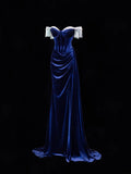 Classy Formal Mermaid Off The Shoulder Royal Blue Velvet With Beads Style Impress Long Prom Dresses Party Gowns HZ0311