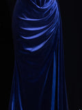 Classy Formal Mermaid Off The Shoulder Royal Blue Velvet With Beads Style Impress Long Prom Dresses Party Gowns HZ0311