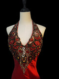 Modest A line Halter Red Satin With Beading Long Evening Dresses Inspo Senior Night Dance Prom Dress HZ0311