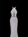 Classy Mermaid 1950s Formal High Neck White Sequins Style Impress Backless Long Prom Dresses Party Gowns HZ0311