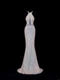 Classy Mermaid 1950s Formal High Neck White Sequins Style Impress Backless Long Prom Dresses Party Gowns HZ0311