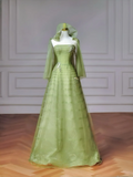 Fairy-tale Ball Gown Strapless Green Tulle With Cape Long Formal Fancy Beaded Prom Evening Dress Dinner Outfits Party Gowns HZ0311