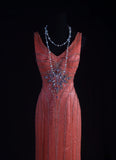 Vintage 1950s Formal Mermaid V Neck Pink Chiffon With Silver Beadings Sleeveless Long Prom Dresses Party Formal Gowns HZ0311