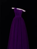 Classy A Line 1950s Formal One Shoulder Purple Tulle With Beads Pleated Style Impress Long Prom Dresses Party Gowns HZ0311