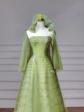 Fairy-tale Ball Gown Strapless Green Tulle With Cape Long Formal Fancy Beaded Prom Evening Dress Dinner Outfits Party Gowns HZ0311