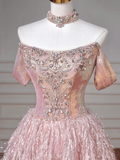 Fairy-tale Ball Gown Strapless Pink Tulle With Gems Long Formal Fancy Beaded Prom Evening Dress Dinner Outfits Party Gowns HZ0311