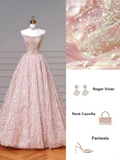 Fairy-tale Ball Gown Strapless Pink Tulle With Gems Long Formal Fancy Beaded Prom Evening Dress Dinner Outfits Party Gowns HZ0311