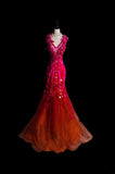 Retro 60s Mermaid V Neck Red Tulle Lace Sleeveless Long Evening Dresses Inspo Senior Night Dance Prom Dress HZ0311