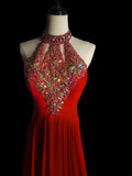 Classic A line Halter Red Chiffon Sleeveless With Beads Long Prom Dresses High School Senior Graduation Dance Evening Outfits HZ0311