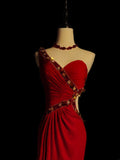 Classic Mermaid One Shoulder Red Chiffon Sleeveless With Beads Long Prom Dresses High School Senior Graduation Dance Evening Outfits HZ0311