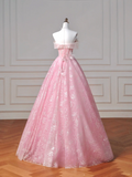 Fairy-tale Ball Gown Strapless Pink Tulle With Flowers Long Formal Fancy Beaded Prom Evening Dress Dinner Outfits Party Gowns HZ0311