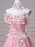Fairy-tale Ball Gown Strapless Pink Tulle With Flowers Long Formal Fancy Beaded Prom Evening Dress Dinner Outfits Party Gowns HZ0311