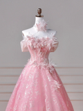 Fairy-tale Ball Gown Strapless Pink Tulle With Flowers Long Formal Fancy Beaded Prom Evening Dress Dinner Outfits Party Gowns HZ0311