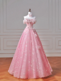 Fairy-tale Ball Gown Strapless Pink Tulle With Flowers Long Formal Fancy Beaded Prom Evening Dress Dinner Outfits Party Gowns HZ0311