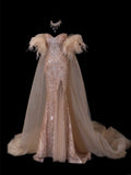 Modest Prom Dresses Aesthetic Mermaid Sweetheart Inspiration Gold Beads Sequin Style Impress With Slit Cape Long Party Formal Gown HZ0311