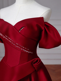 Elegant Ball Gown Off The Shoulder Burgundy Satin Long Formal Fancy Prom Evening Dress Dinner Outfits Party Gowns HZ0311