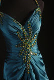 Vintage 1950s Formal Mermaid Spaghetti Strap Teal Blue Pleated Satin With Beads Sleeveless Long Prom Dresses Party Formal Gowns HZ0311