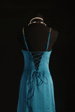 Vintage 1950s Formal Mermaid Spaghetti Strap Teal Blue Pleated Satin With Beads Sleeveless Long Prom Dresses Party Formal Gowns HZ0311