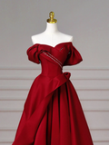Elegant Ball Gown Off The Shoulder Burgundy Satin Long Formal Fancy Prom Evening Dress Dinner Outfits Party Gowns HZ0311