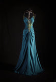 Vintage 1950s Formal Mermaid Spaghetti Strap Teal Blue Pleated Satin With Beads Sleeveless Long Prom Dresses Party Formal Gowns HZ0311