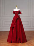 Elegant Ball Gown Off The Shoulder Burgundy Satin Long Formal Fancy Prom Evening Dress Dinner Outfits Party Gowns HZ0311