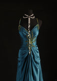 Vintage 1950s Formal Mermaid Spaghetti Strap Teal Blue Pleated Satin With Beads Sleeveless Long Prom Dresses Party Formal Gowns HZ0311