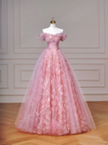 Elegant Ball Gown Off The Shoulder Pink Tulle Long Formal Fancy Prom Evening Dress Dinner Outfits Party Gowns HZ0311