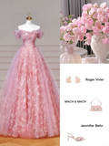 Elegant Ball Gown Off The Shoulder Pink Tulle Long Formal Fancy Prom Evening Dress Dinner Outfits Party Gowns HZ0311