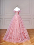 Elegant Ball Gown Off The Shoulder Pink Tulle Long Formal Fancy Prom Evening Dress Dinner Outfits Party Gowns HZ0311