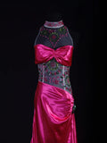 Vintage Mermaid High Neck Hot Pink Satin Party Dress With Beads 1950s Retro Classy Birthday Dinner Long Prom Dresses HZ0311