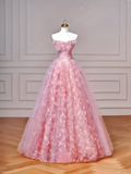 Elegant Ball Gown Off The Shoulder Pink Tulle Long Formal Fancy Prom Evening Dress Dinner Outfits Party Gowns HZ0311