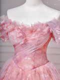 Elegant Ball Gown Off The Shoulder Pink Tulle Long Formal Fancy Prom Evening Dress Dinner Outfits Party Gowns HZ0311
