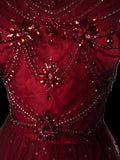 Classic Ball Gown Spaghetti Strap Burgundy Tulle Sleeveless With Beads Long Prom Dresses Senior Graduation Dance Evening Outfits HZ0311