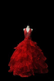 Unique Ball Gown Halter Red Layered Tiered With Beads Long Wedding Quinceanera Dresses Sweet 15 16 Birthday Gown HZ0311